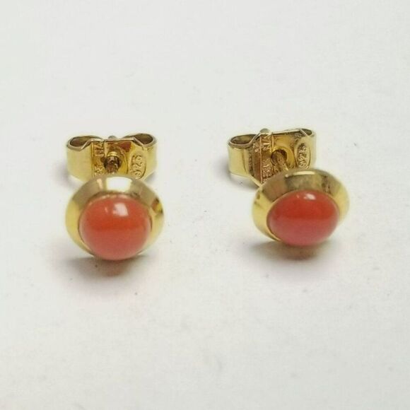 Vintage Sterling Silver Gold Overlay Orange Cabochon Stud Earrings, Small Estate - Picture 1 of 7
